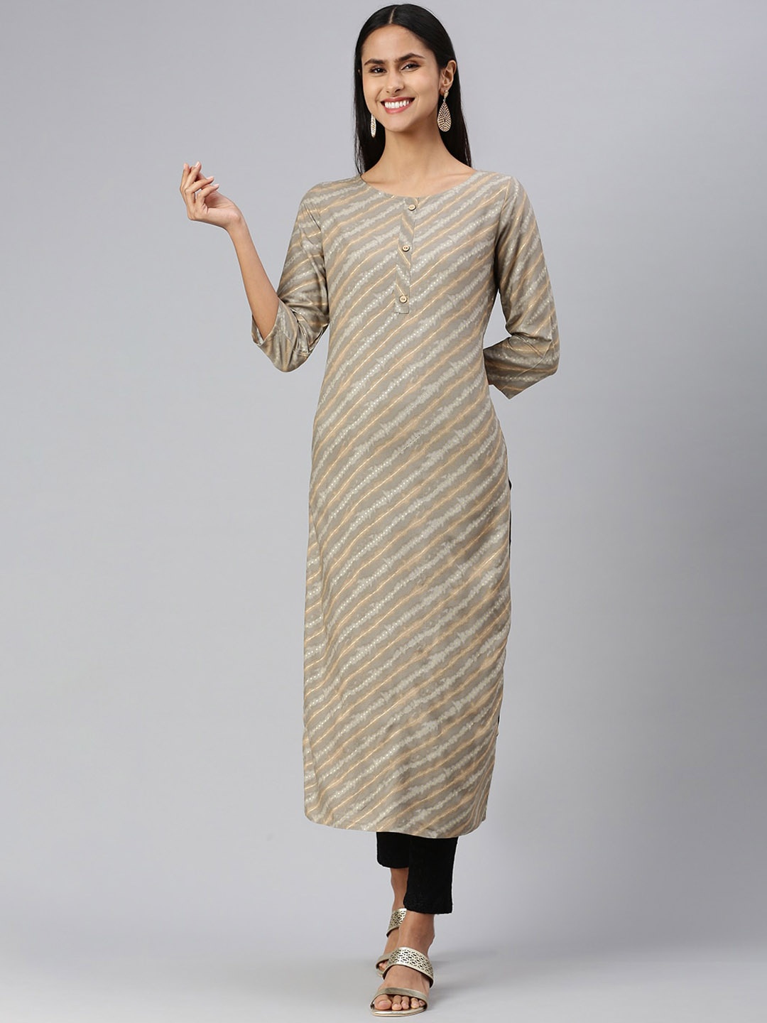 

KALINI Striped Straight Kurta, Grey