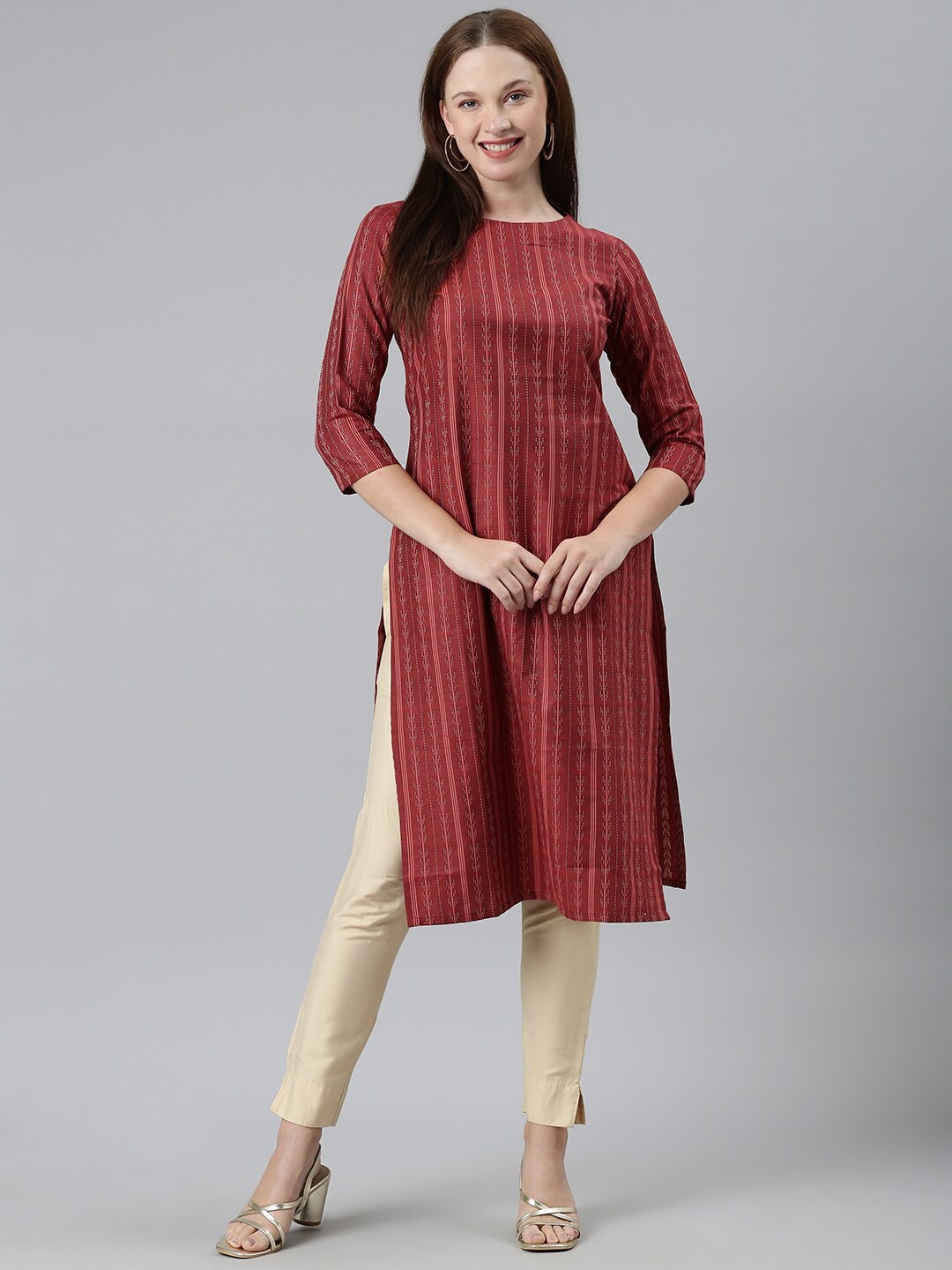 

KALINI Striped Woven Design Boat Neck Straight Kurta, Red