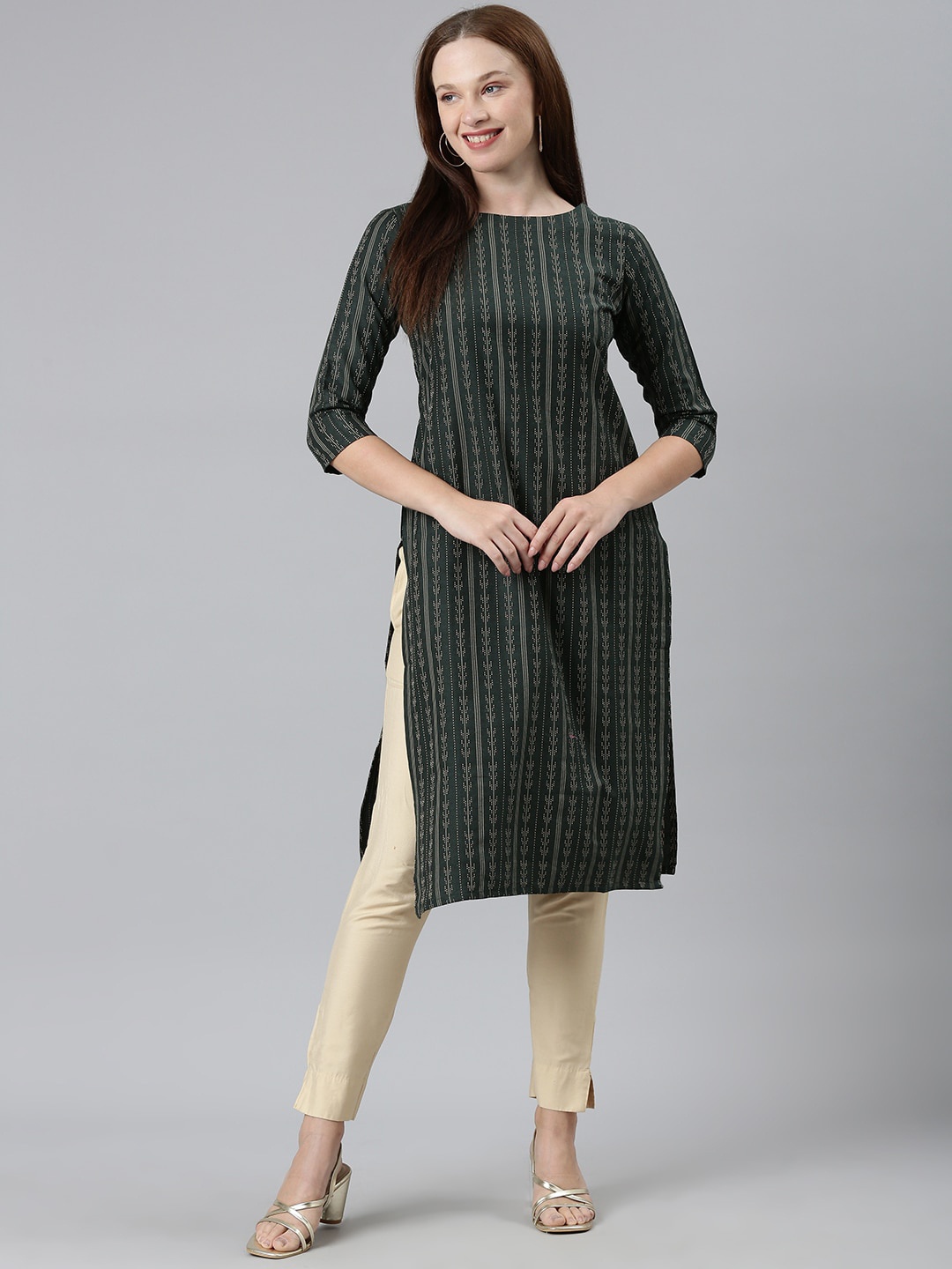 

KALINI Striped Woven Design Boat Neck Straight Kurta, Green