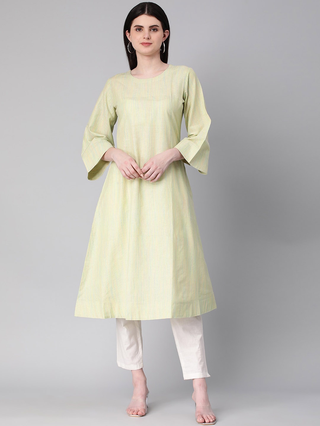 

KALINI Women Flared Sleeves Thread Work Kurta, Green