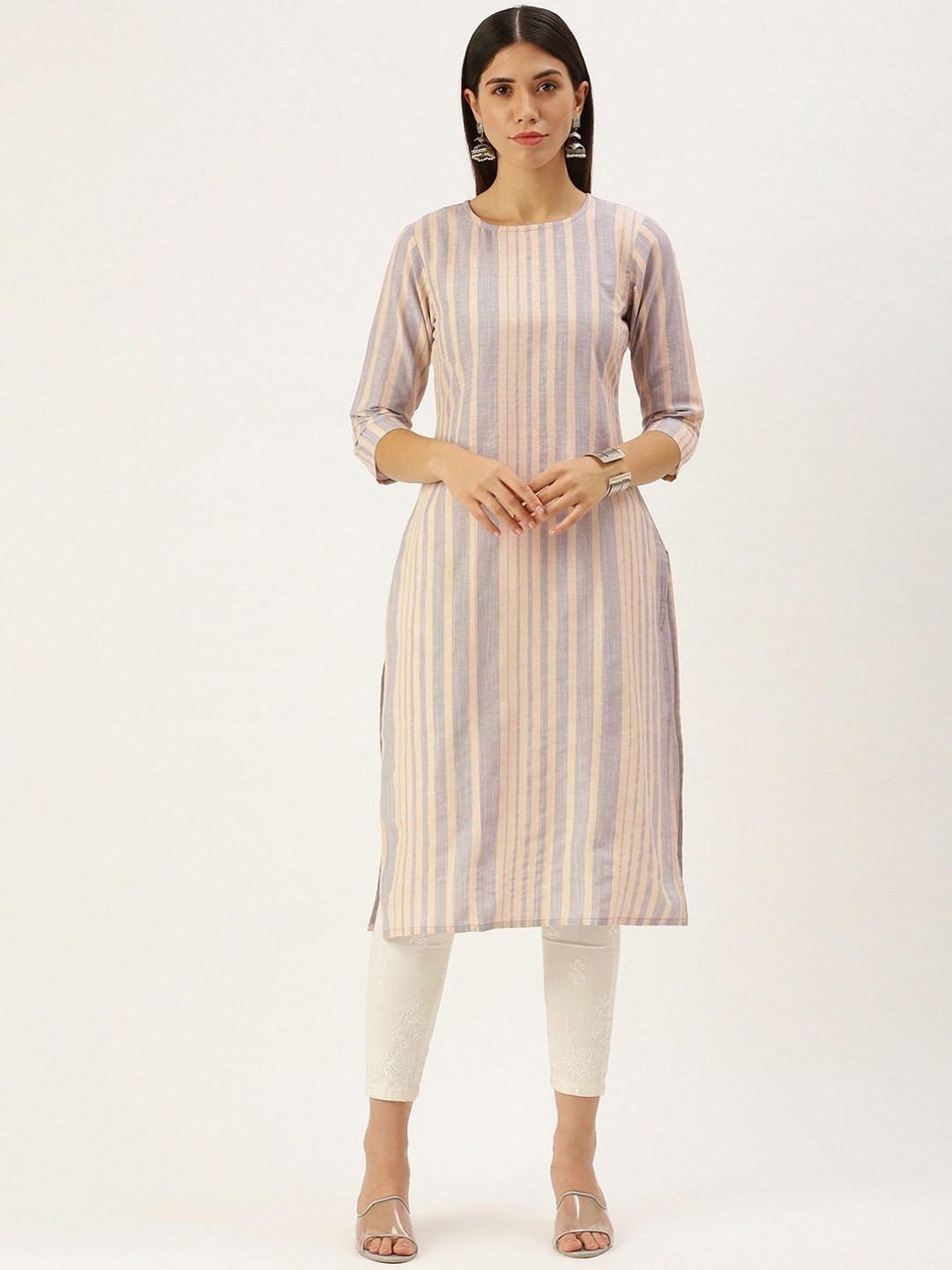 

KALINI Striped Straight Kurta, Grey