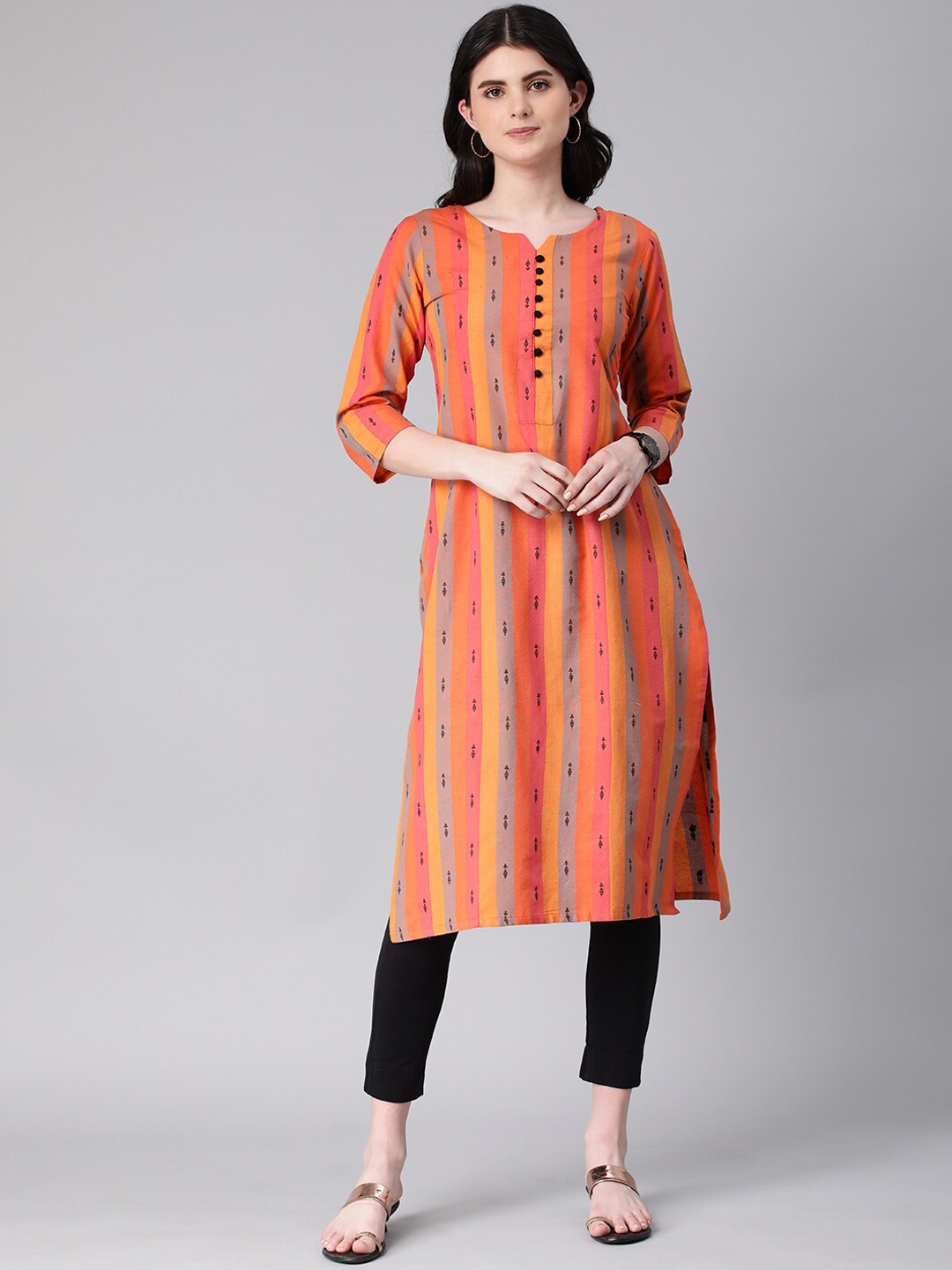 

KALINI Women Ethnic Motifs Printed Keyhole Neck Thread Work Kurta, Orange