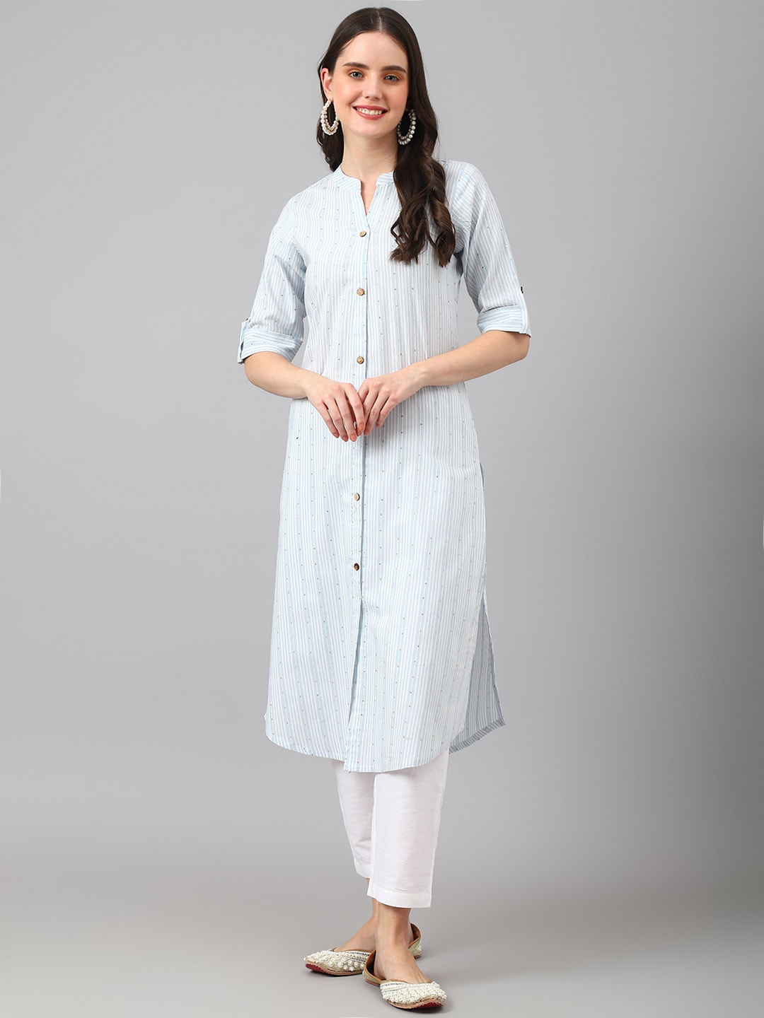 

KALINI Striped Sequinned Straight Kurta, Blue