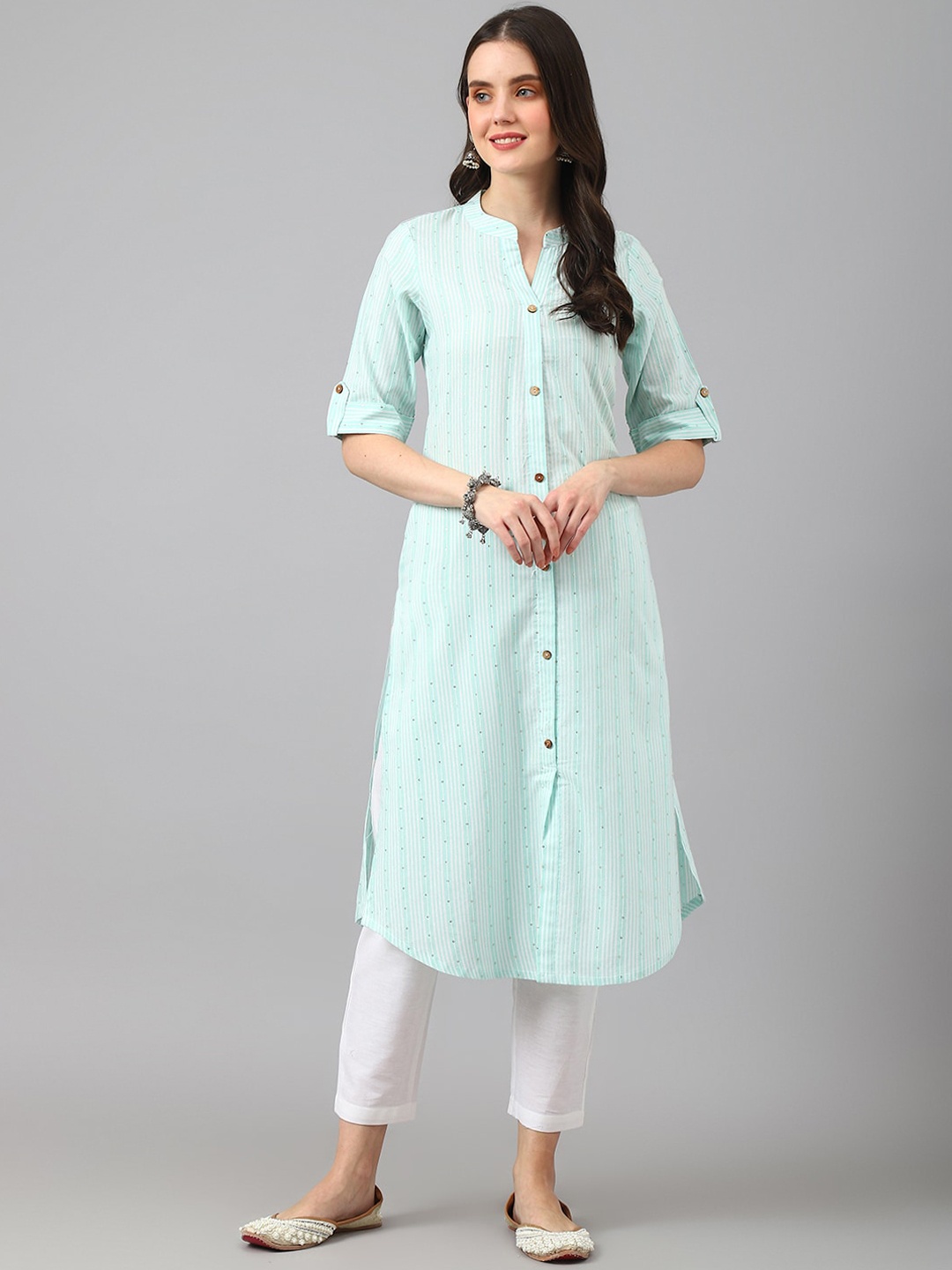 

KALINI Women Striped Thread Work Pathani Kurta, Turquoise blue