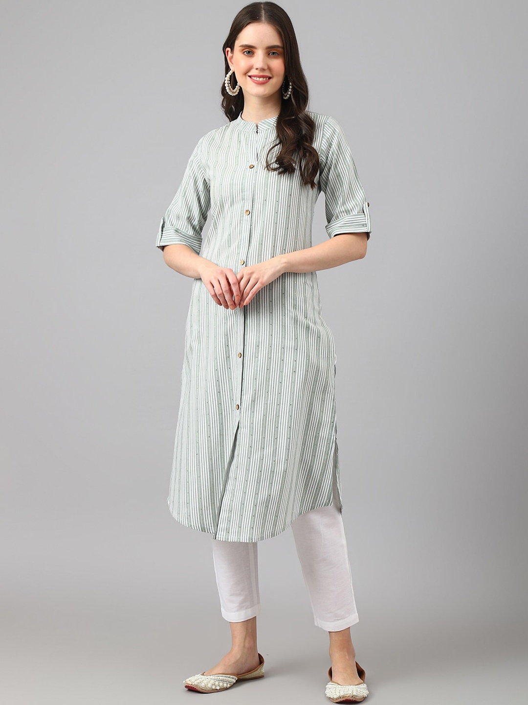 

KALINI Striped Mandarin Collar Roll-Up Sleeves Sequinned Kurta, Green