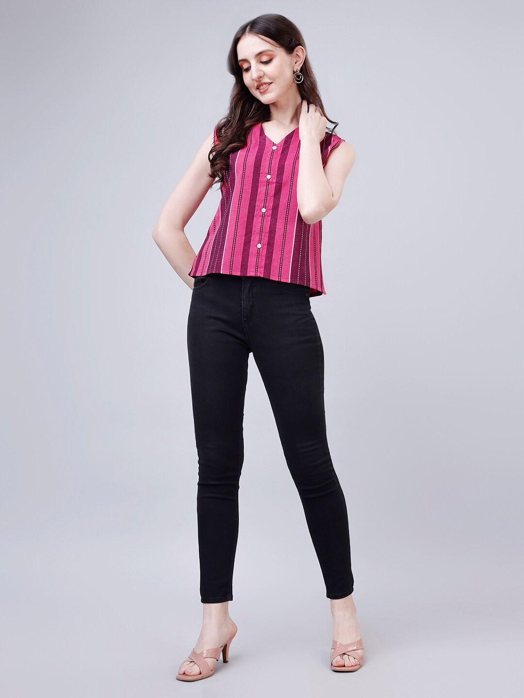 

Kinjo Striped Cotton Shirt Style Top, Pink