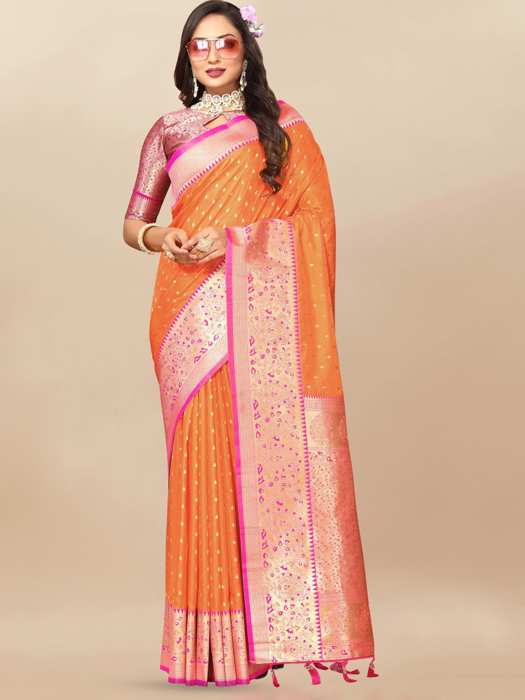 

PATIALAPICKS Ethnic Motifs Woven Design Zari Pure Silk Paithani Saree, Orange