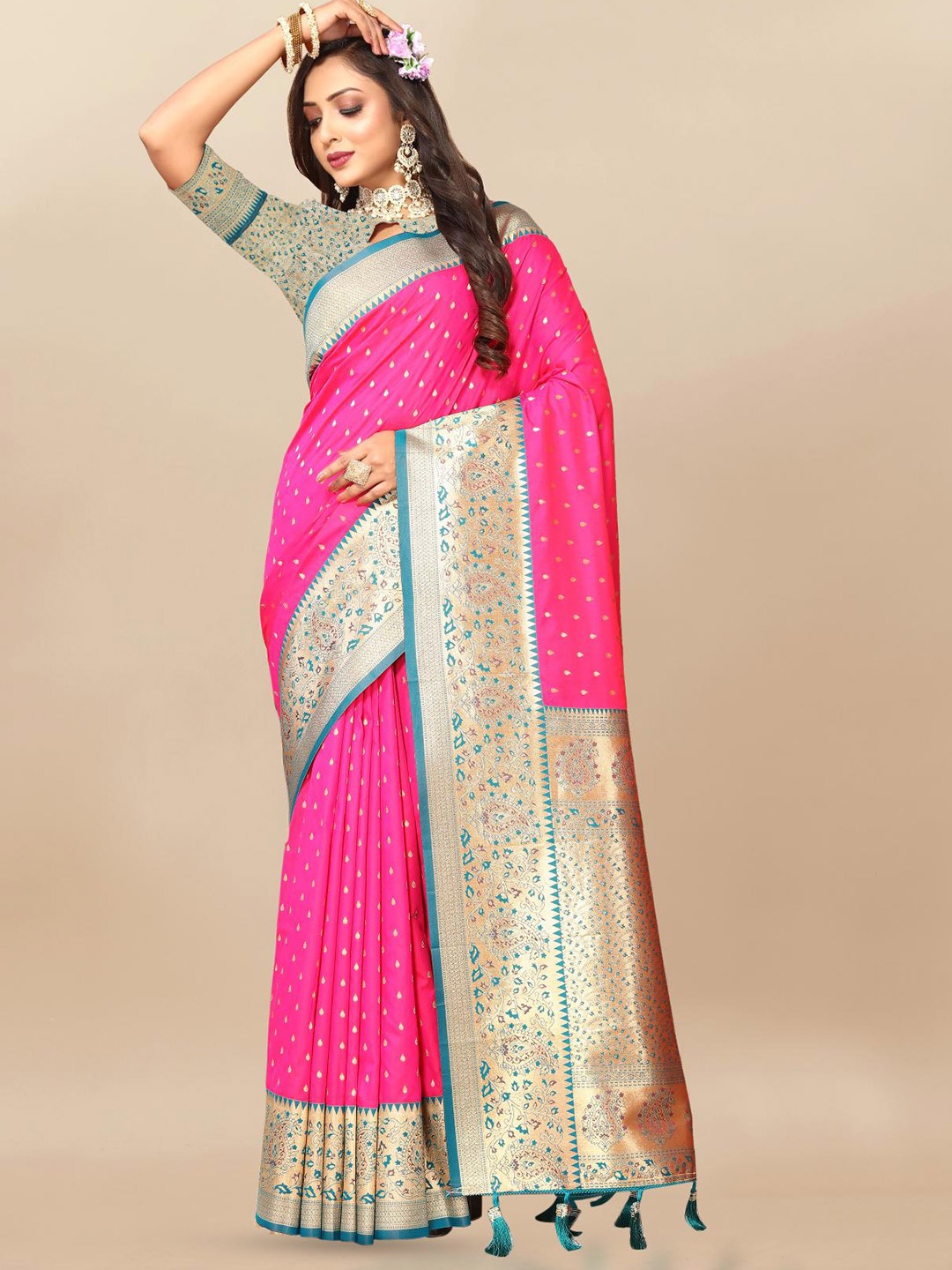 

PATIALAPICKS Woven Design Zari Pure Silk Paithani Saree, Pink
