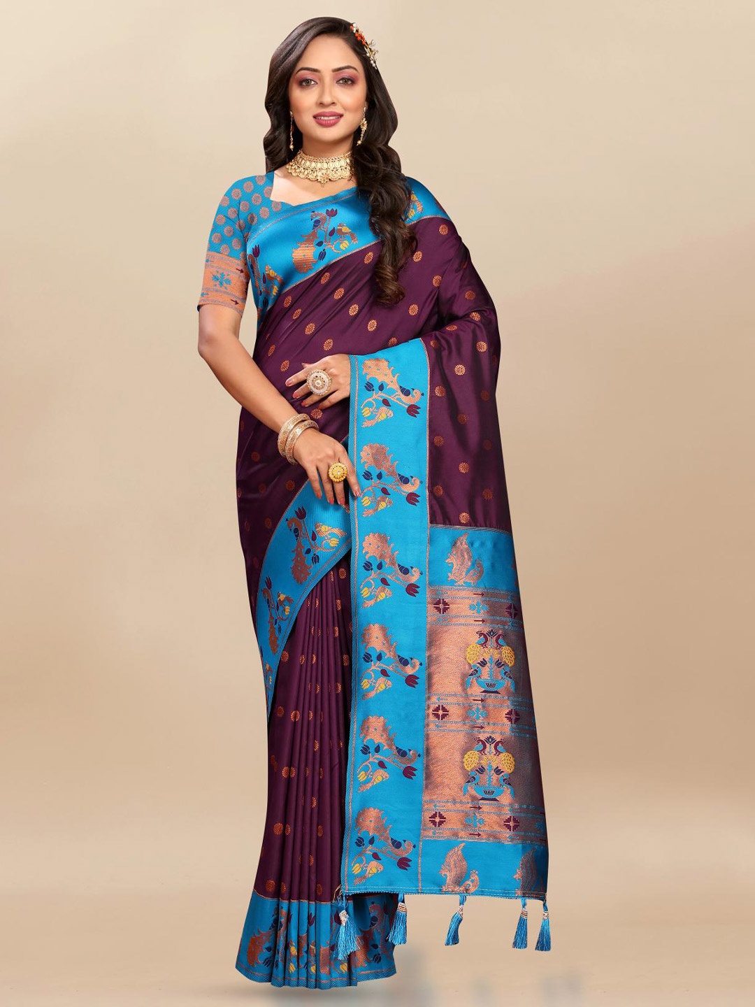 

PATIALAPICKS Ethnic Motifs Woven Design Zari Pure Silk Paithani Saree, Purple