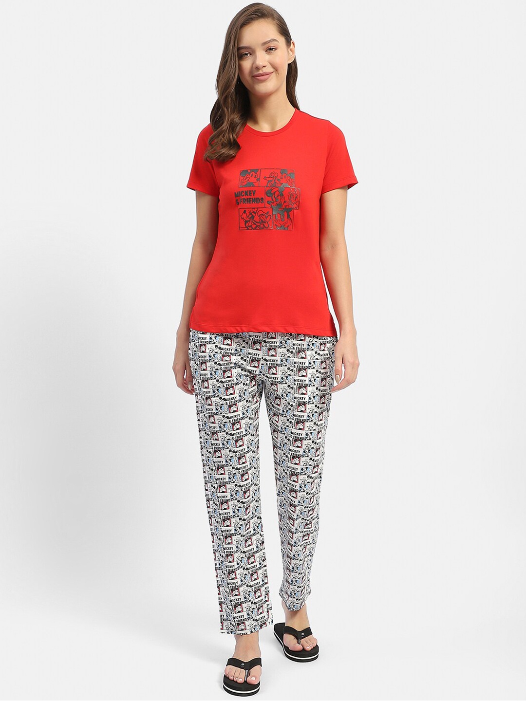 

MADAME M SECRET Mickey Mouse Printed Round Neck Night suit, Red