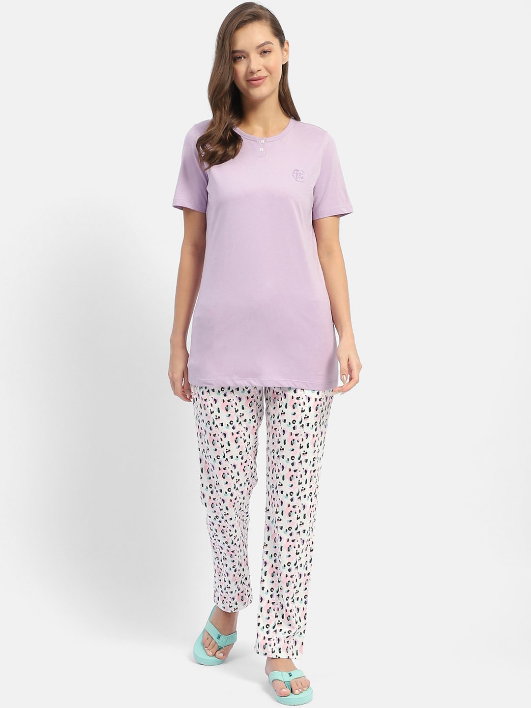 

MADAME M SECRET Printed Round Neck Pure Cotton Night suit, Lavender