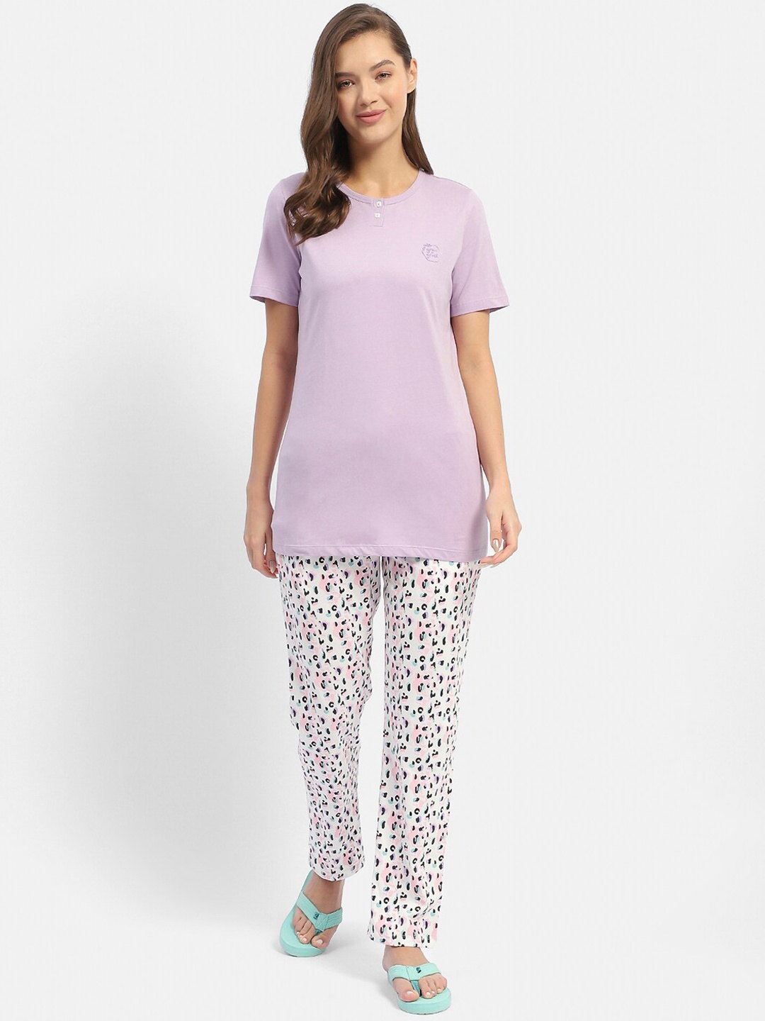 

MADAME M SECRET Printed Round Neck Pure Cotton Night suit, Purple