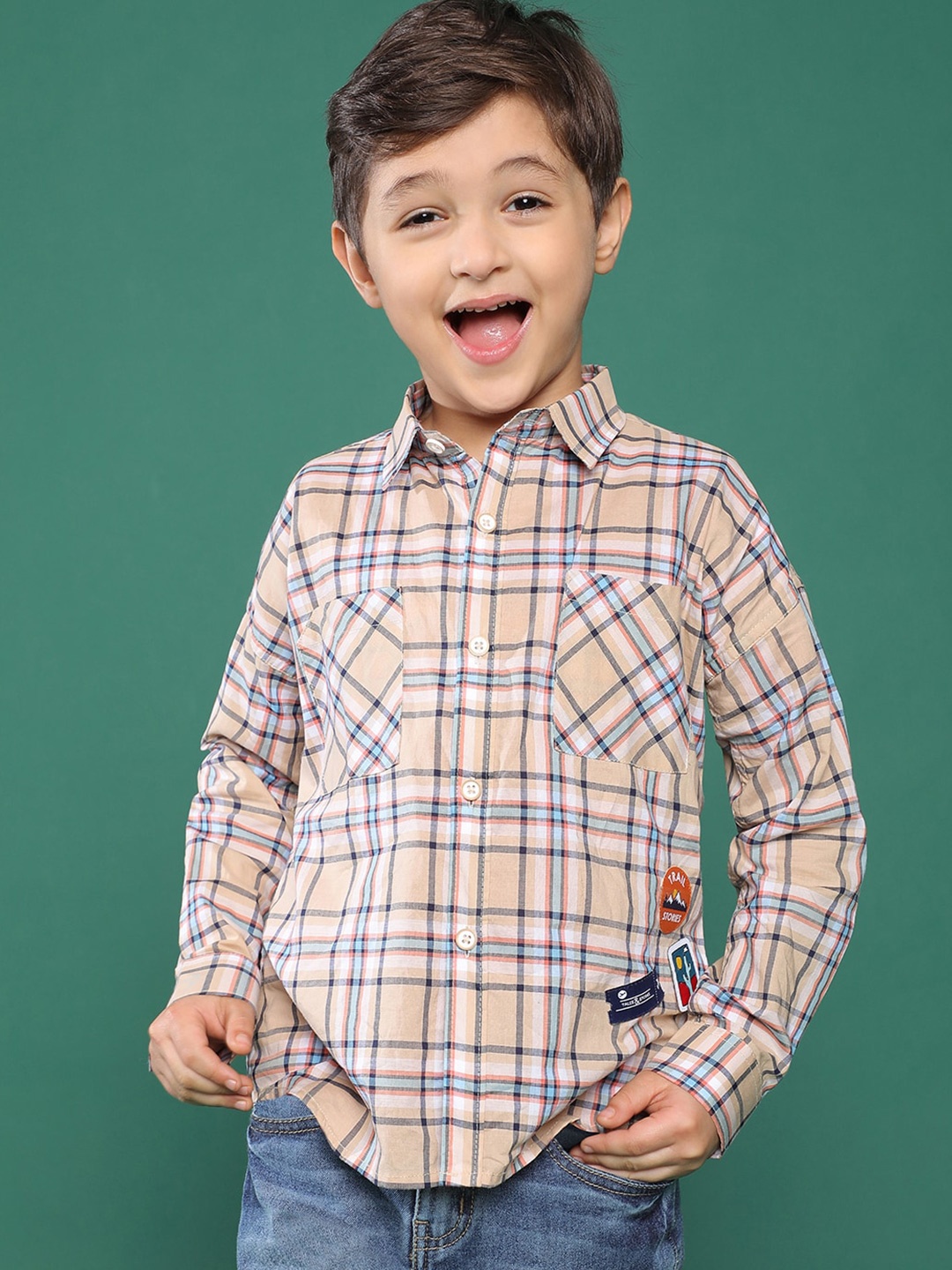 

TALES & STORIES Boys Tartan Checks Opaque Checked Casual Shirt, Beige