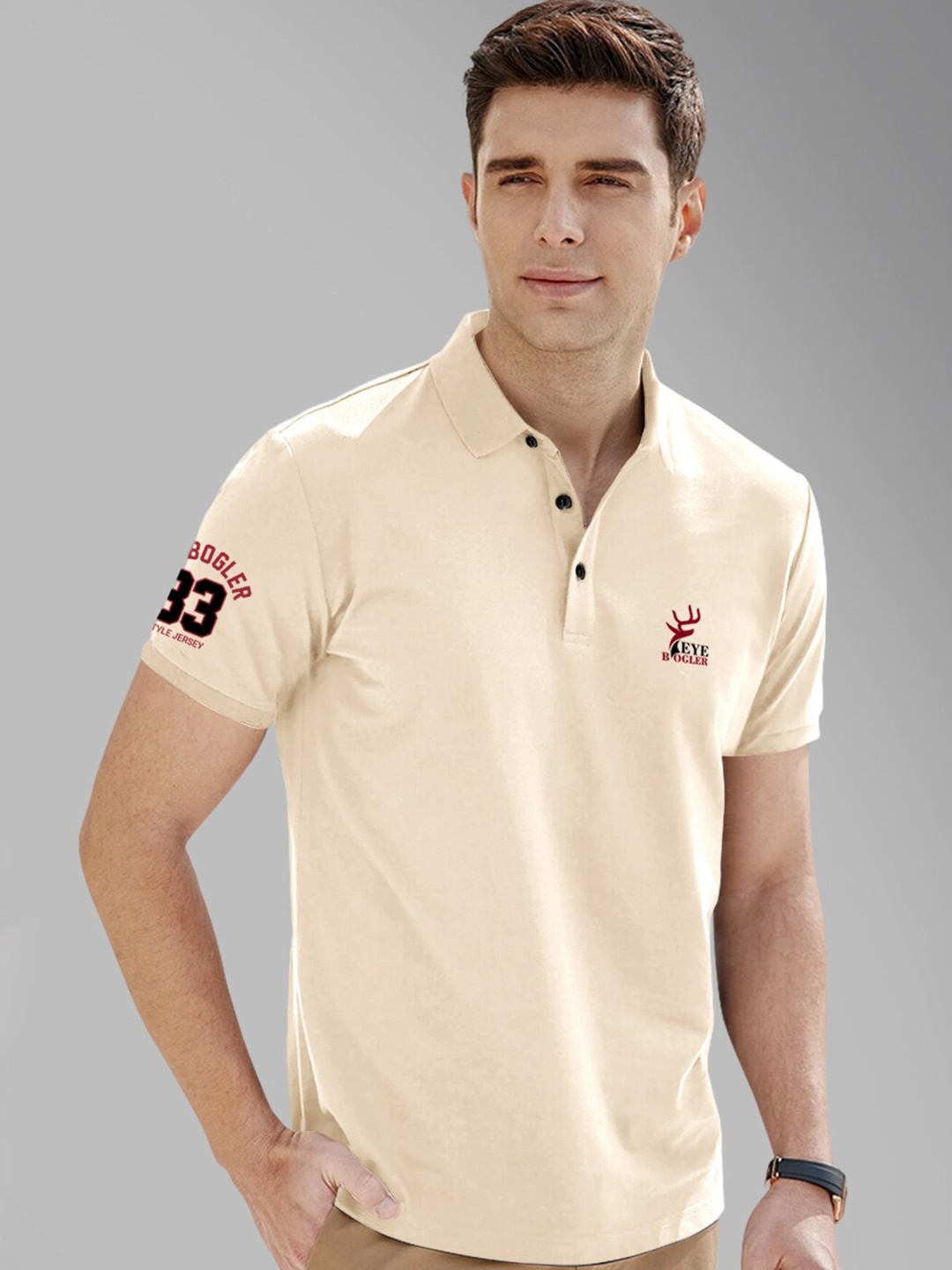 

Eyebogler Men Polo Collar Applique T-shirt, Cream