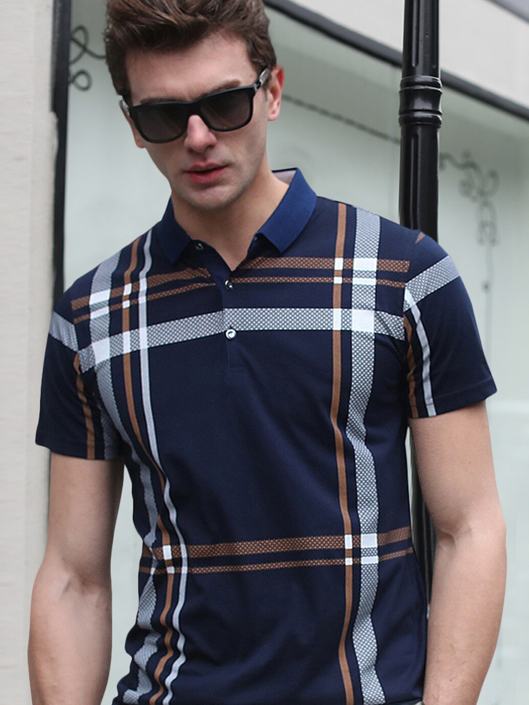 

Eyebogler Men Striped Polo Collar Pockets T-shirt, Navy blue