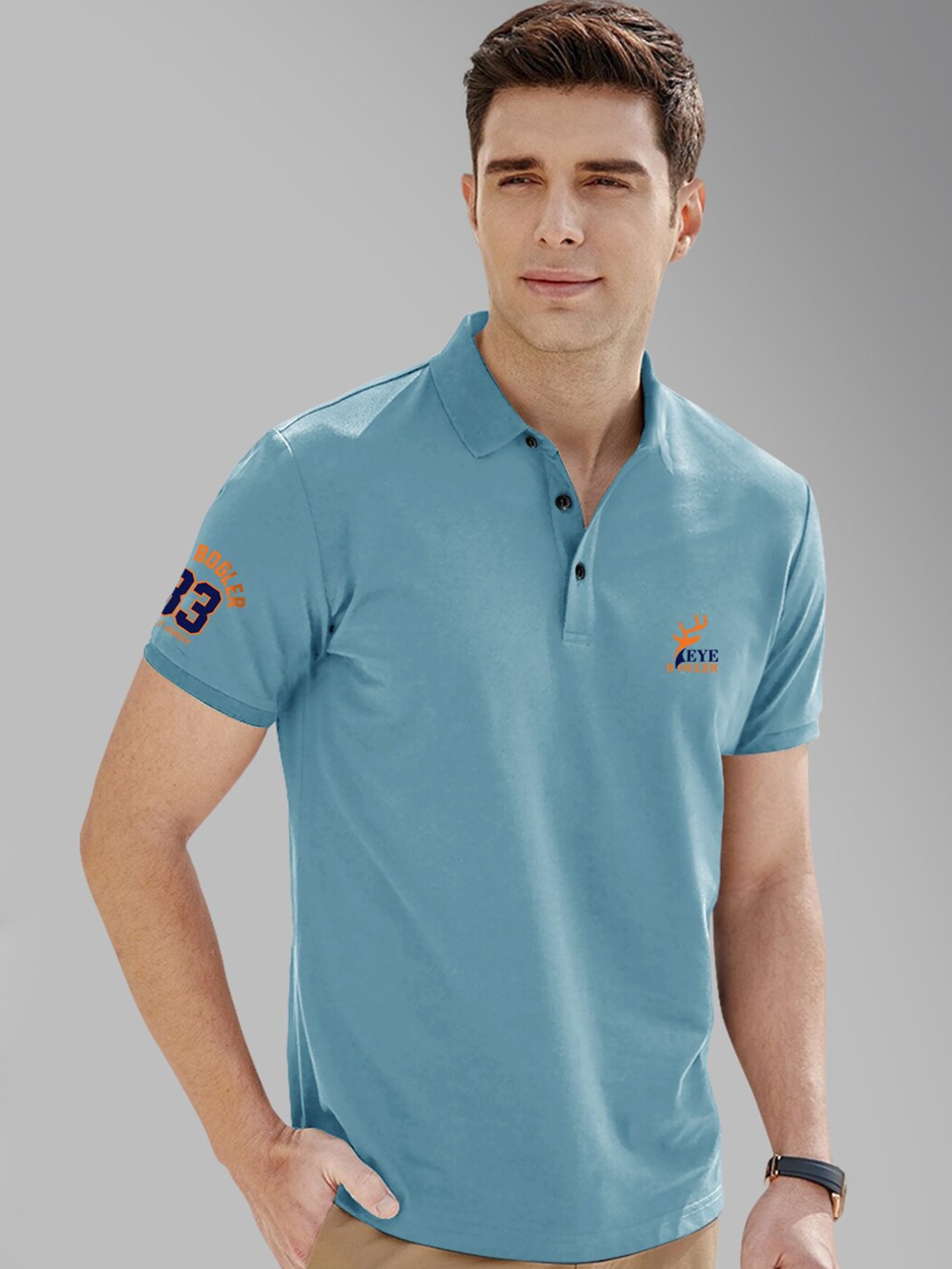 

Eyebogler Men Polo Collar Applique T-shirt, Turquoise blue