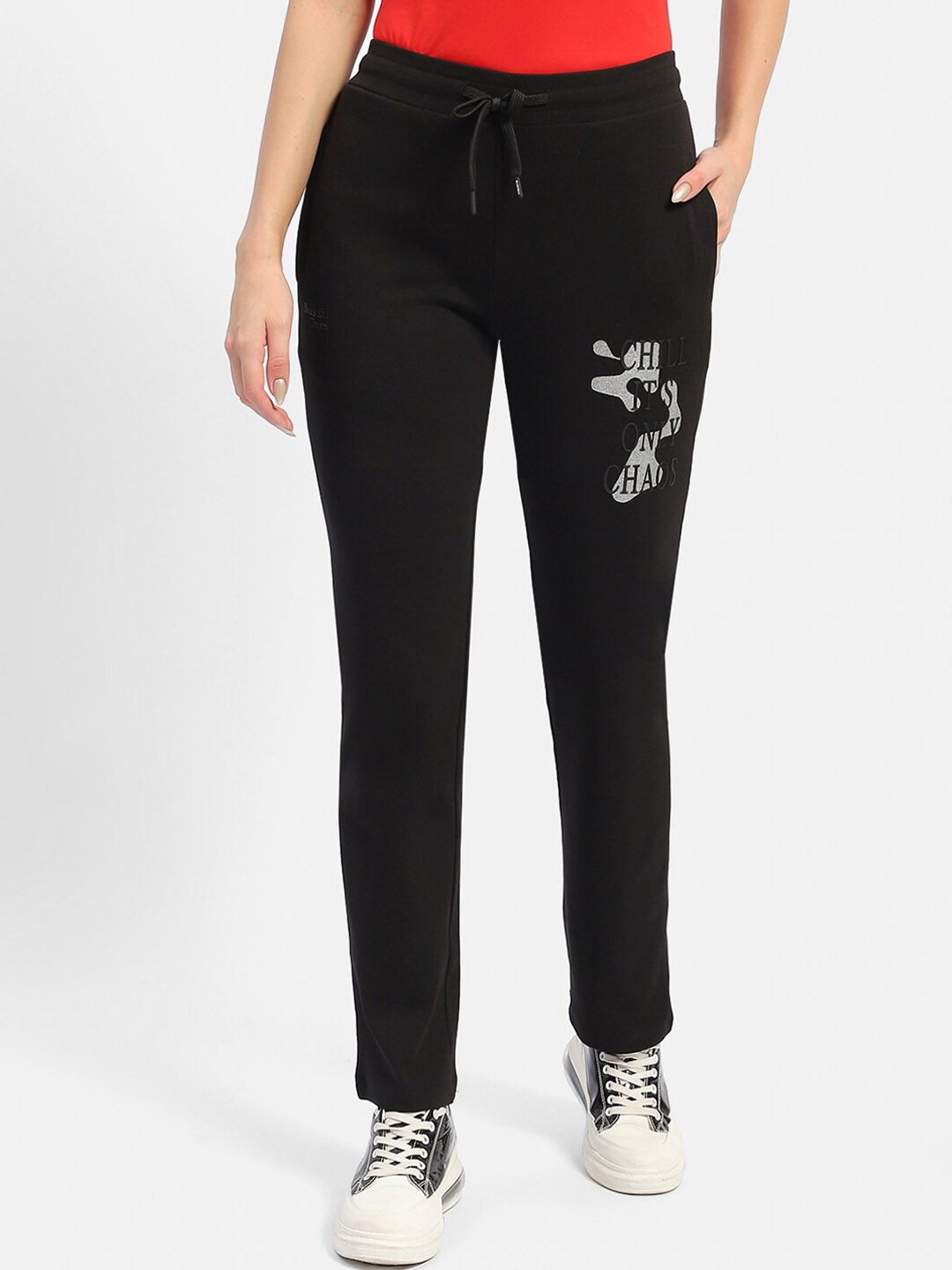 

MADAME M SECRET Women Printed Detail Track Pants, Black