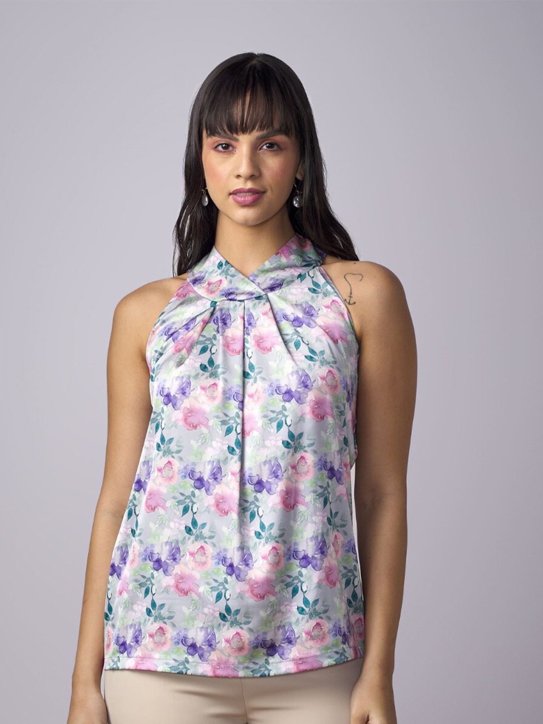 

SALT ATTIRE Floral Print Tie-Up Neck Satin Top, Multi