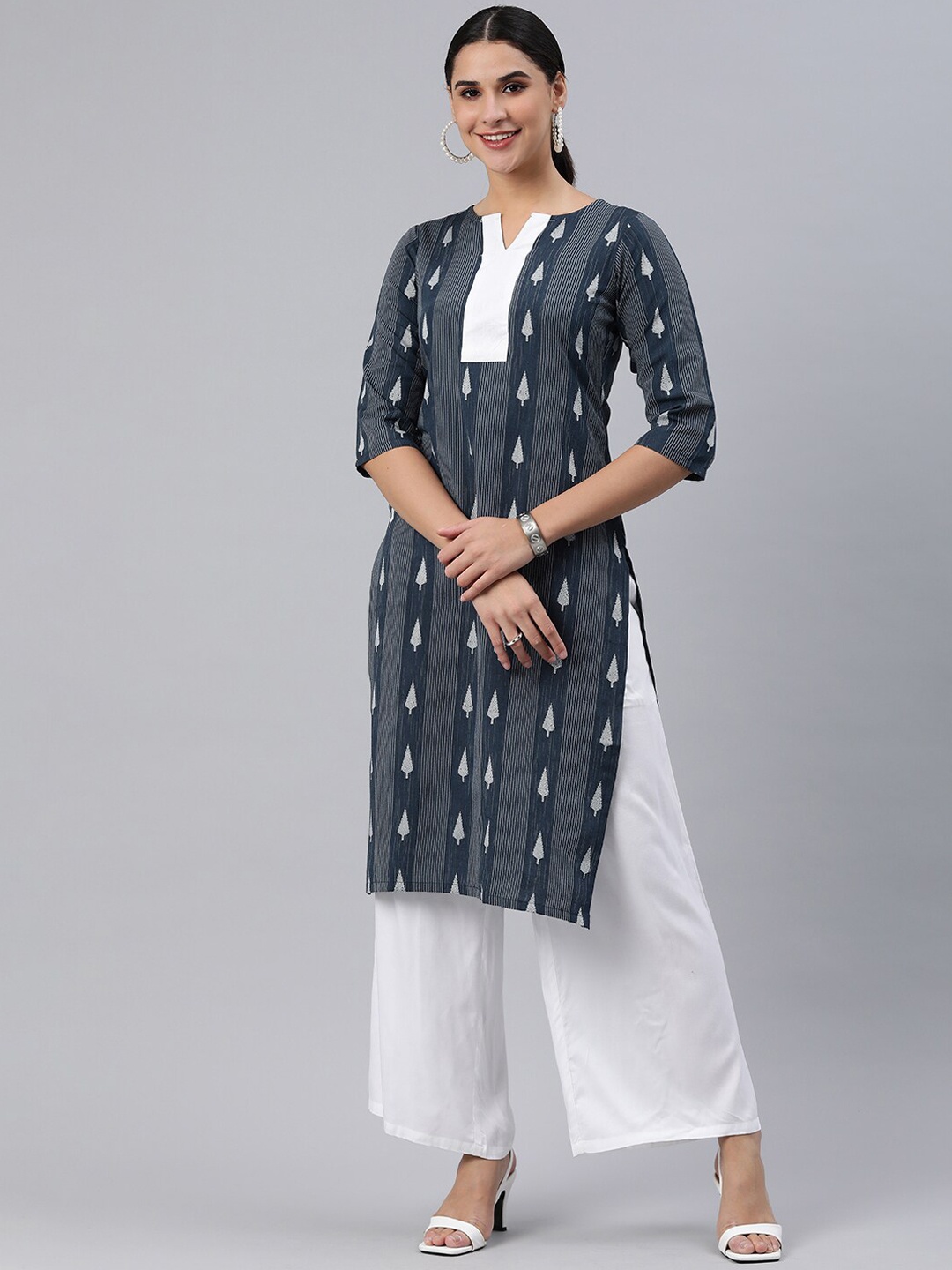 

KALINI Women Striped Keyhole Neck Thread Work Indigo Pathani Kurta, Navy blue