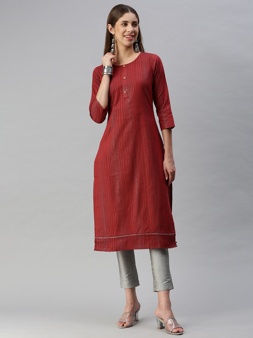 

KALINI Striped Straight Kurta, Maroon