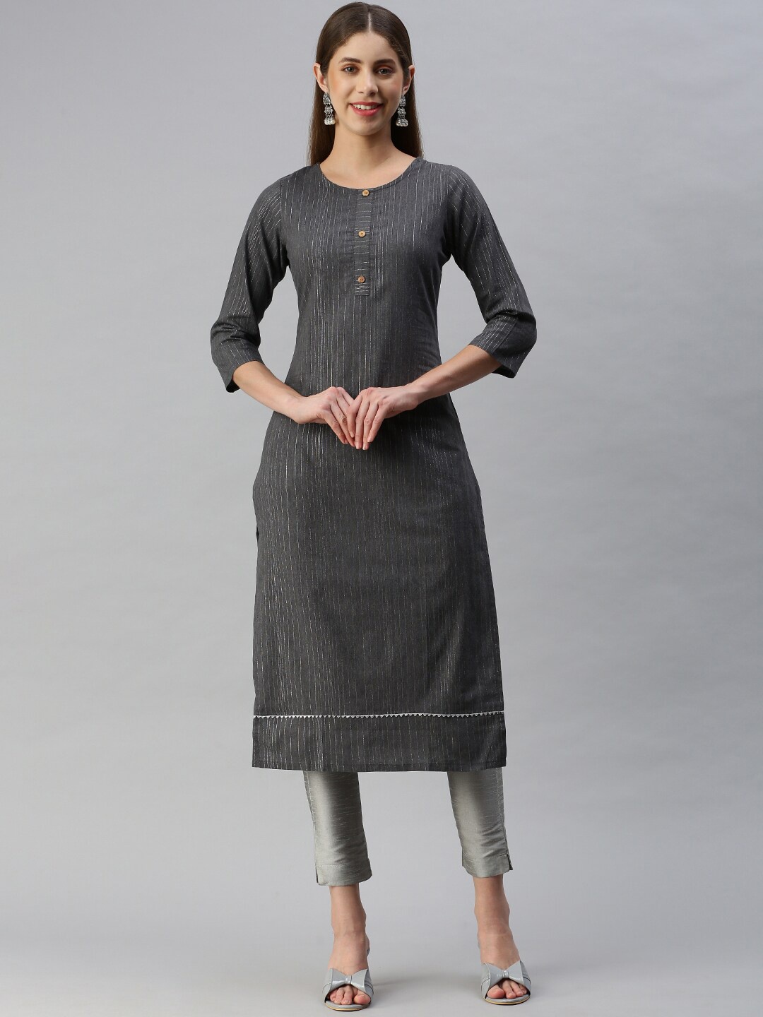 

KALINI Striped Sequinned Panelled Round Neck Straight Kurta, Grey