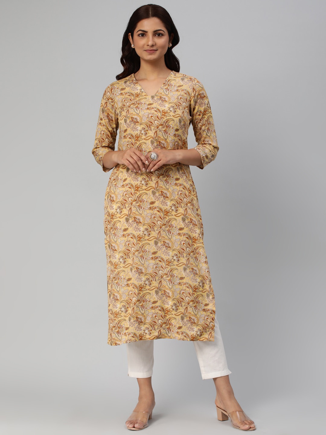 

KALINI Floral Printed V-Neck Straight Kurta, Beige