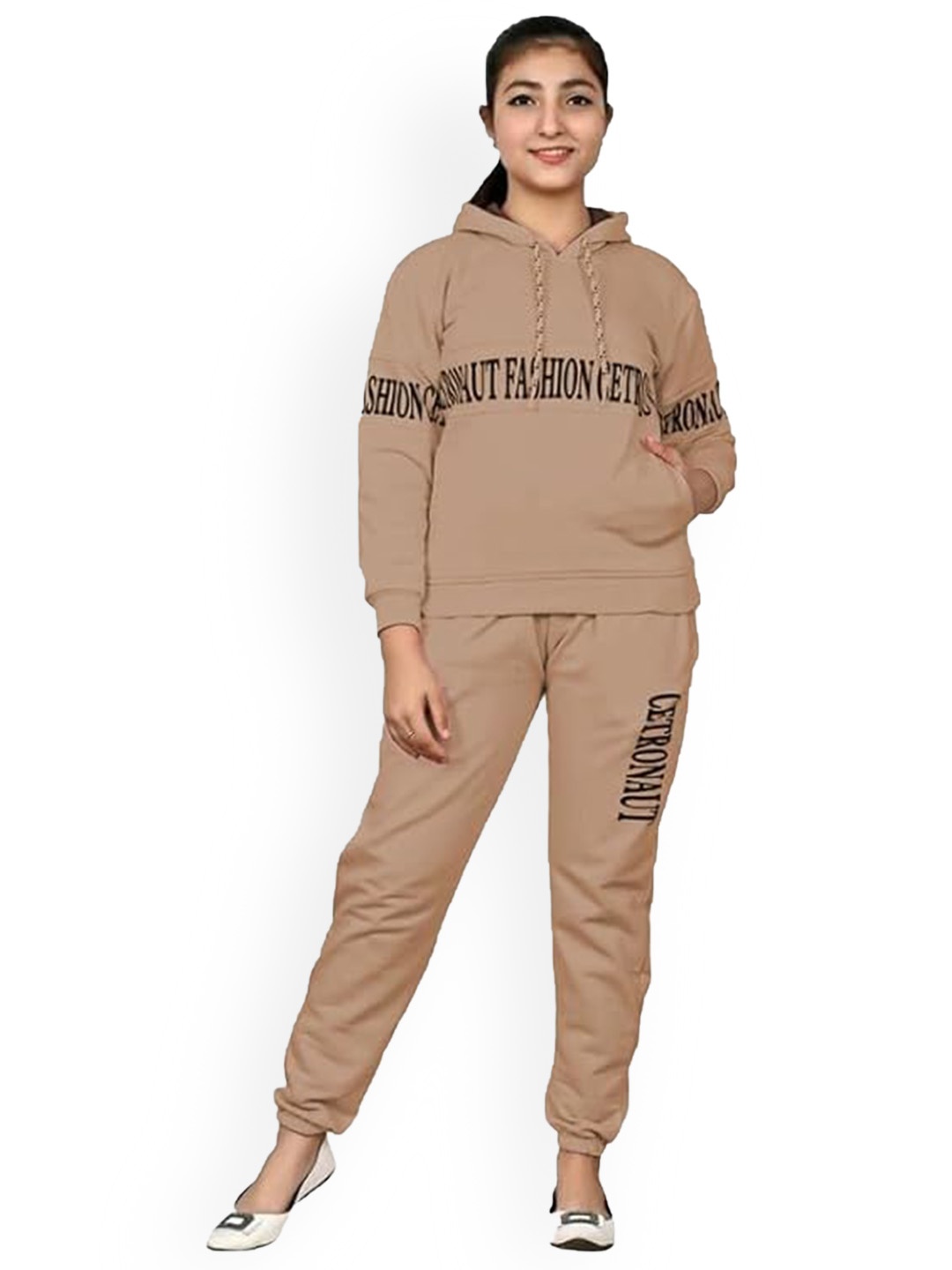 

FELLAMO Girls Typography Printed Hood Sweatshirt & Track Pant, Brown