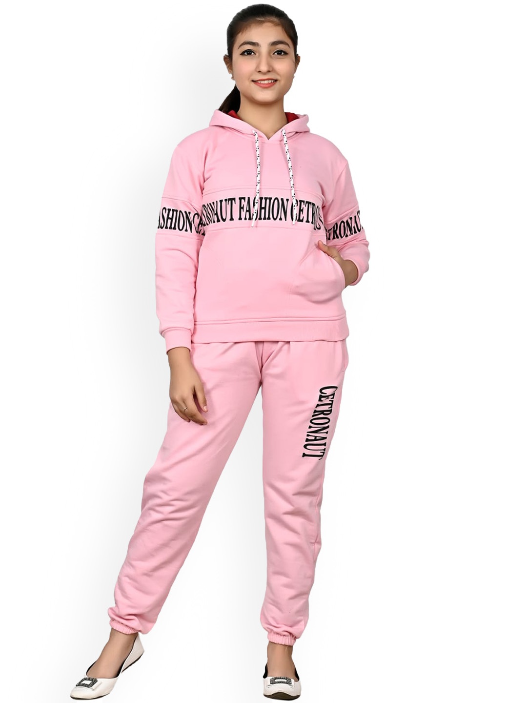 

FELLAMO Girls Typography Printed Hood Sweatshirt & Track Pant, Pink