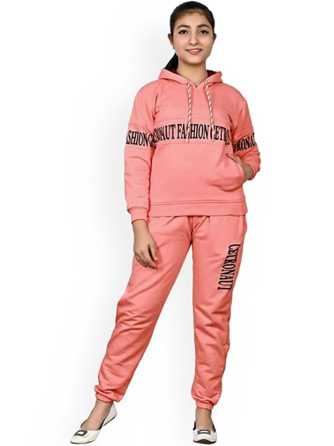 

FELLAMO Girls Typography Printed Hood Sweatshirt & Track Pant, Peach