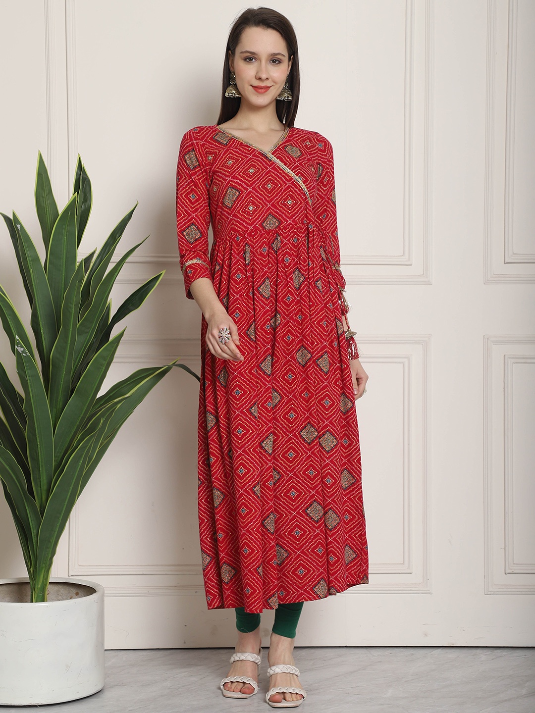 

Roly Poly Women Bandhani Printed Angrakha Anarkali Kurti, Red