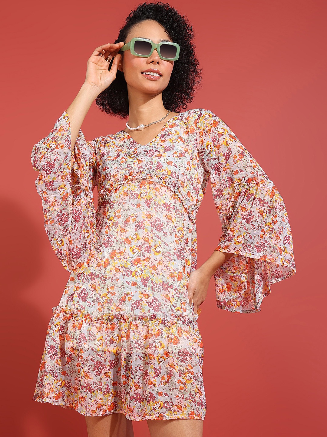

Murcia Floral Printed V-Neck Bell Sleeves Gathered Chiffon Fit & Flare Dress, White
