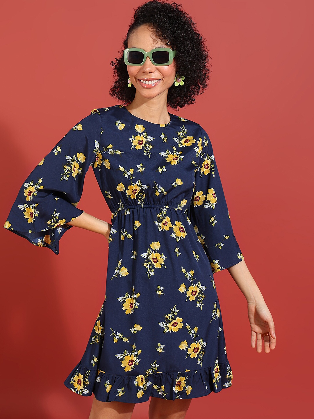 

Murcia Floral Printed Round Neck A-Line Dress, Blue