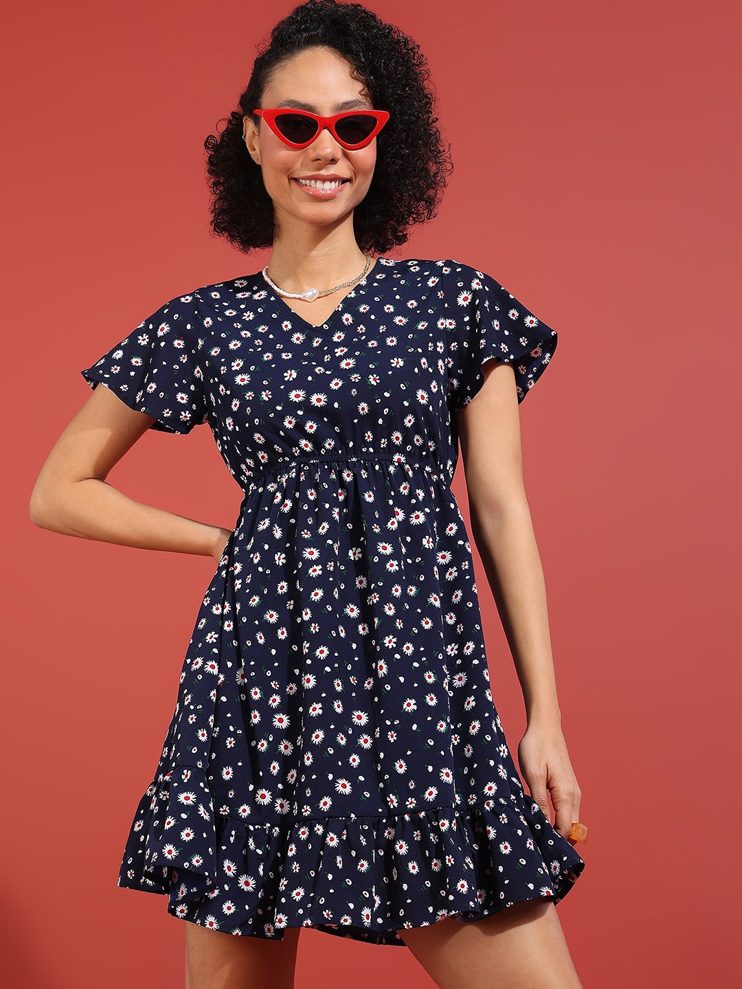 

Murcia Floral Printed V-Neck Flutter Sleeves Gathered Fit & Flare Mini Dress, Navy blue