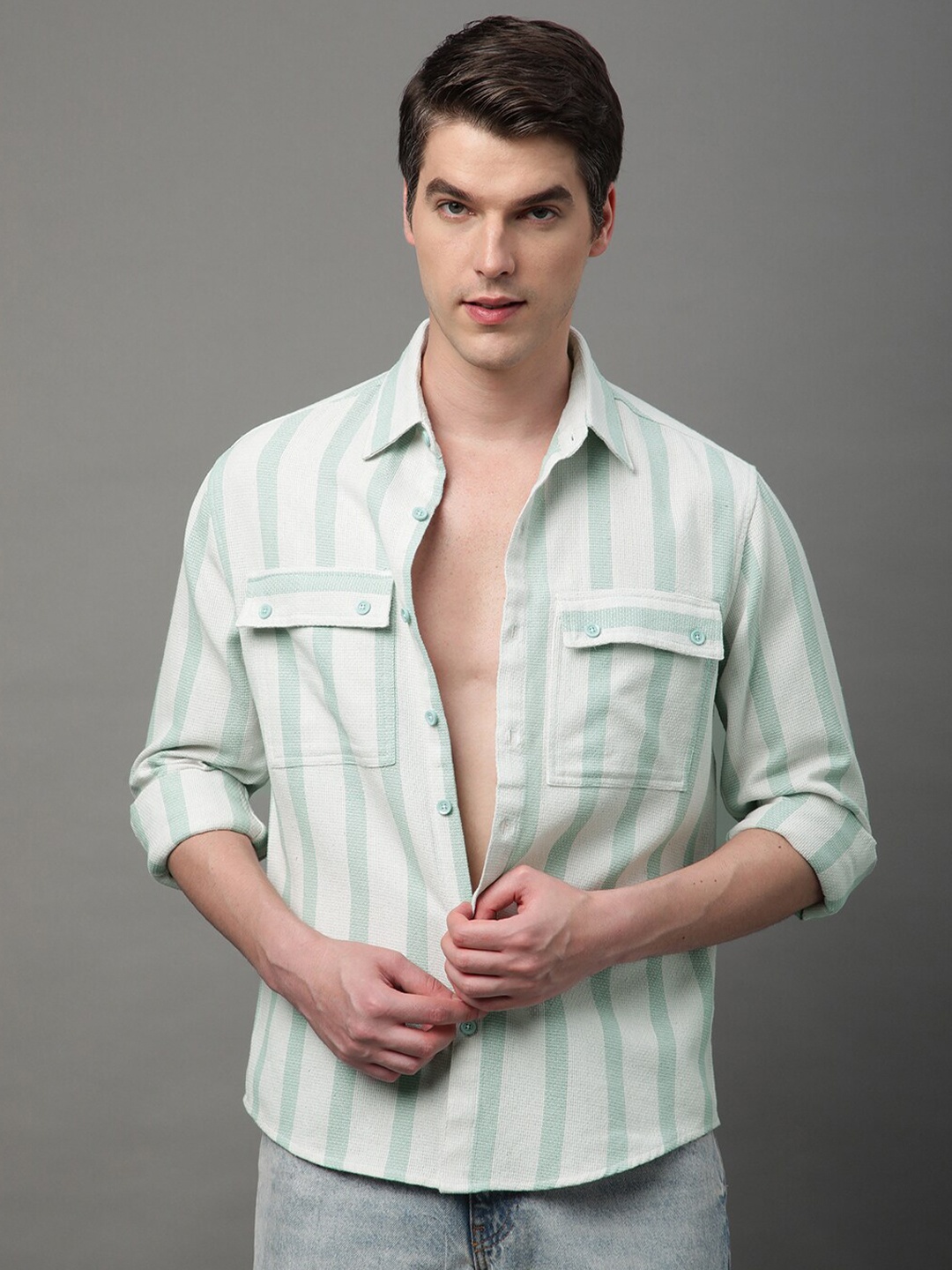 

Voroxy Men Premium Opaque Striped Casual Shirt, White
