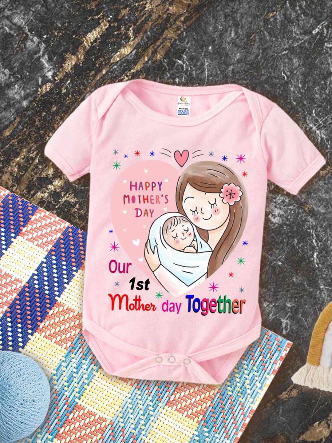 

Babywish Infants Printed Cotton Mother's Day Special Bodysuit, Pink