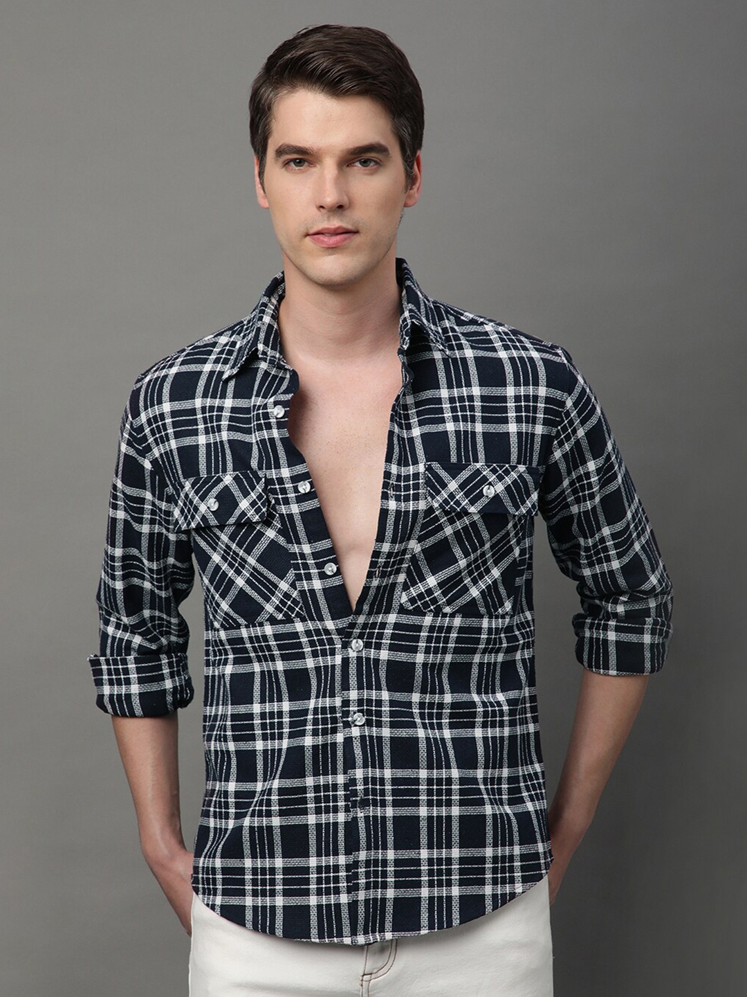 

Voroxy Men Premium Tartan Checks Opaque Checked Casual Shirt, Black