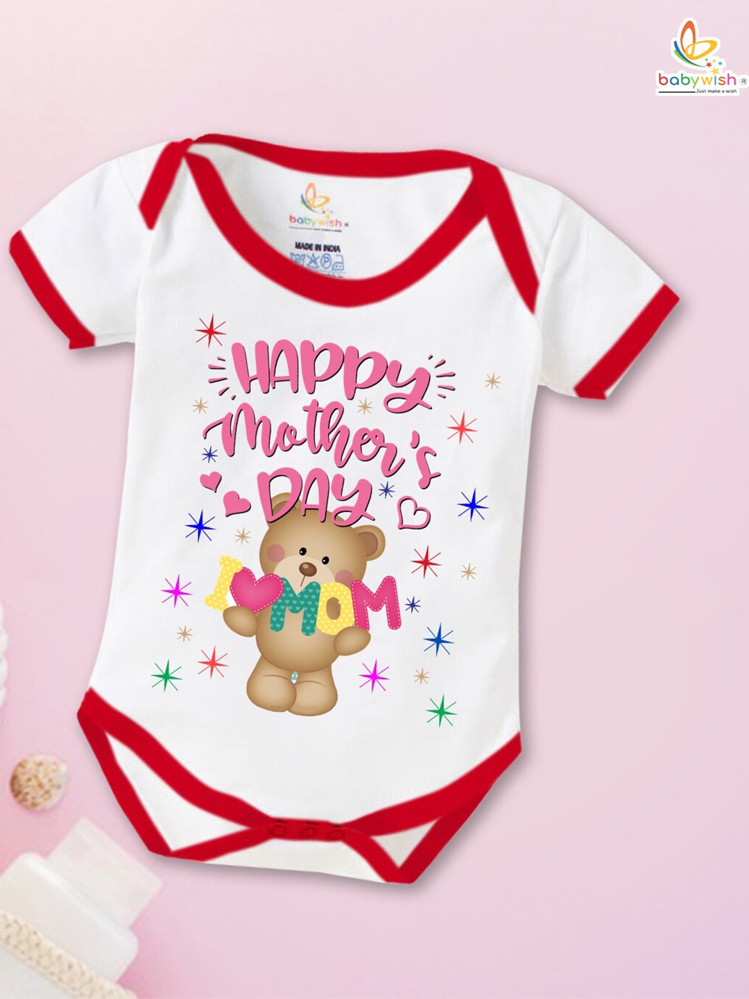

Babywish Infants Printed Cotton Mother's Day Special Bodysuit, Red