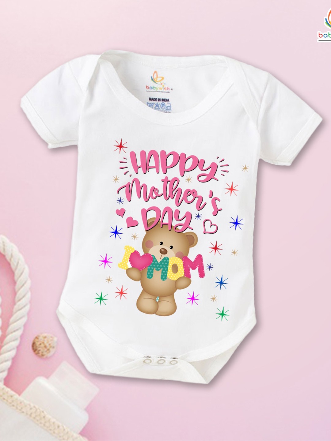 

Babywish Infants Printed Comfortable Mother's Day Special Cotton Bodysuit, White