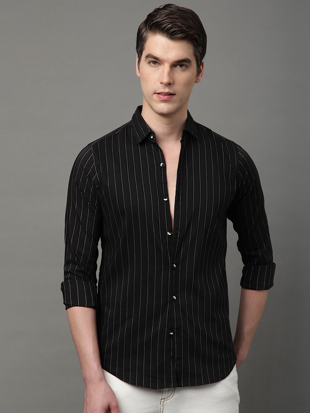 

Voroxy Men Classic Opaque Striped Casual Shirt, Black
