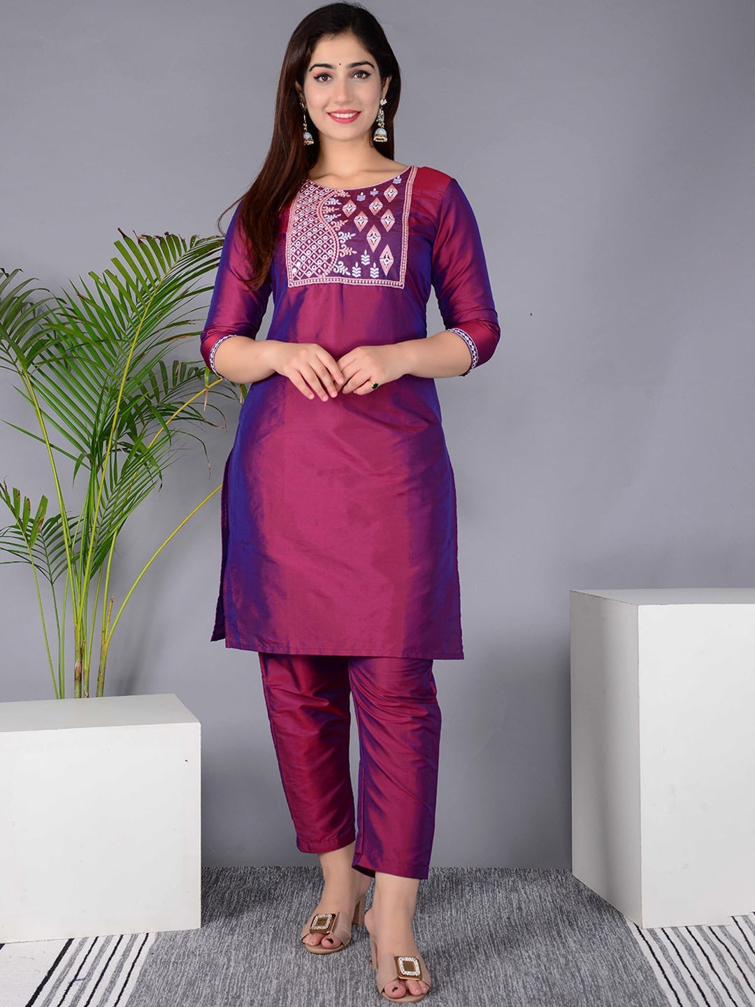 

BAESD Embroidered Mirror Work Straight Kurta With Trouser, Purple
