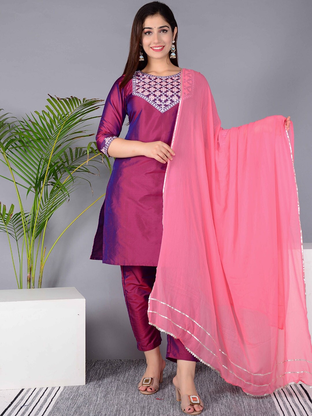 

BAESD Yoke Design Round Neck Kurta with Trousers & Dupatta, Purple