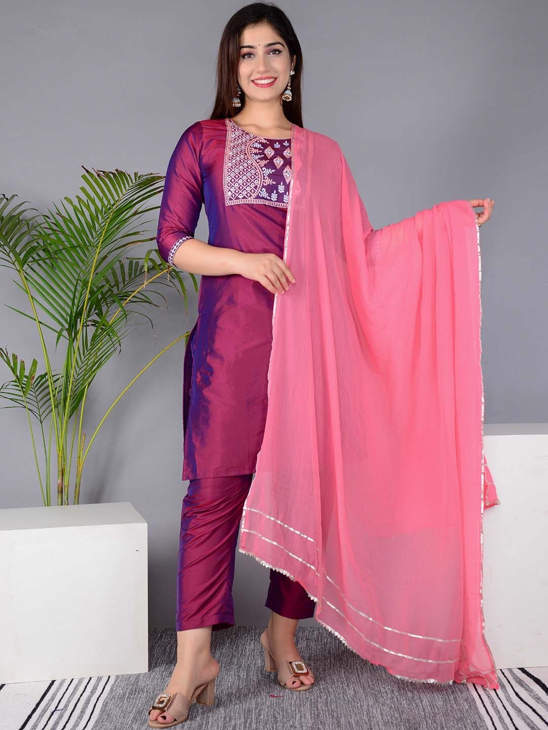 

BAESD Yoke Design Round Neck Kurta with Trousers & Dupatta, Purple