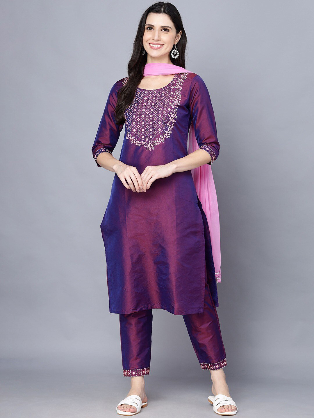 

BAESD Yoke Design Round Neck Kurta with Trousers & Dupatta, Purple