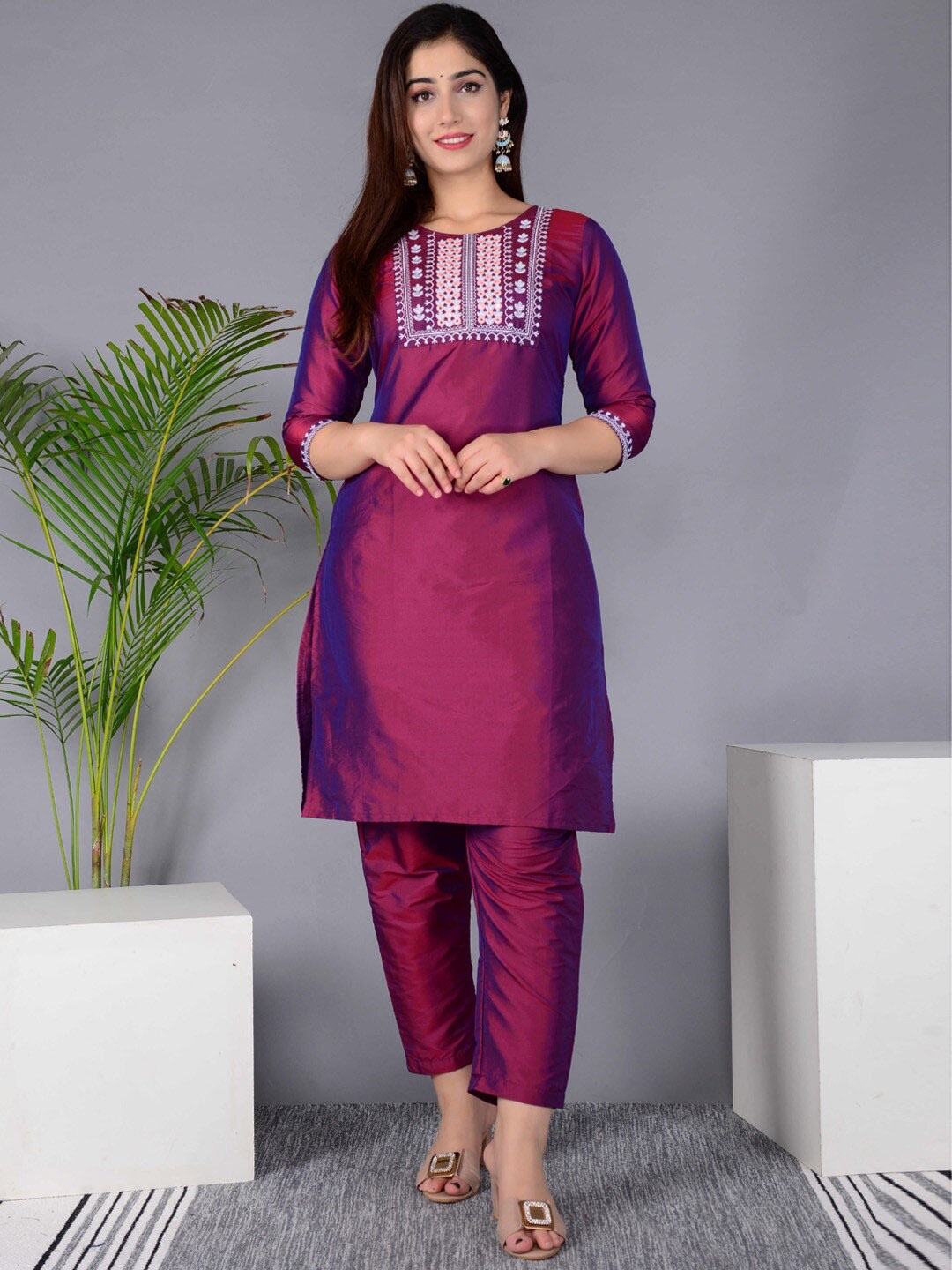 BAESD Yoke Design Round Neck Kurta with Trousers & Dupatta, Purple