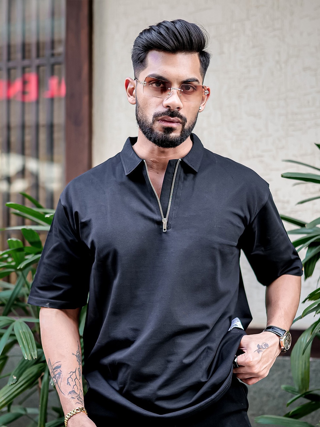 

Maniac Polo Collar Drop-Shoulder Sleeves Cotton Oversized T-shirt, Black