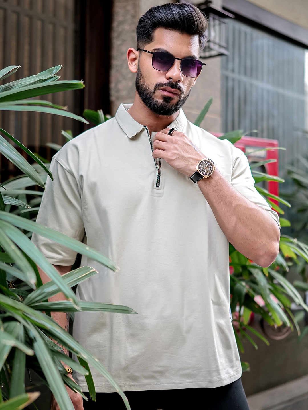 

Maniac Polo Collar Drop-Shoulder Sleeves Cotton Oversized T-shirt, Beige