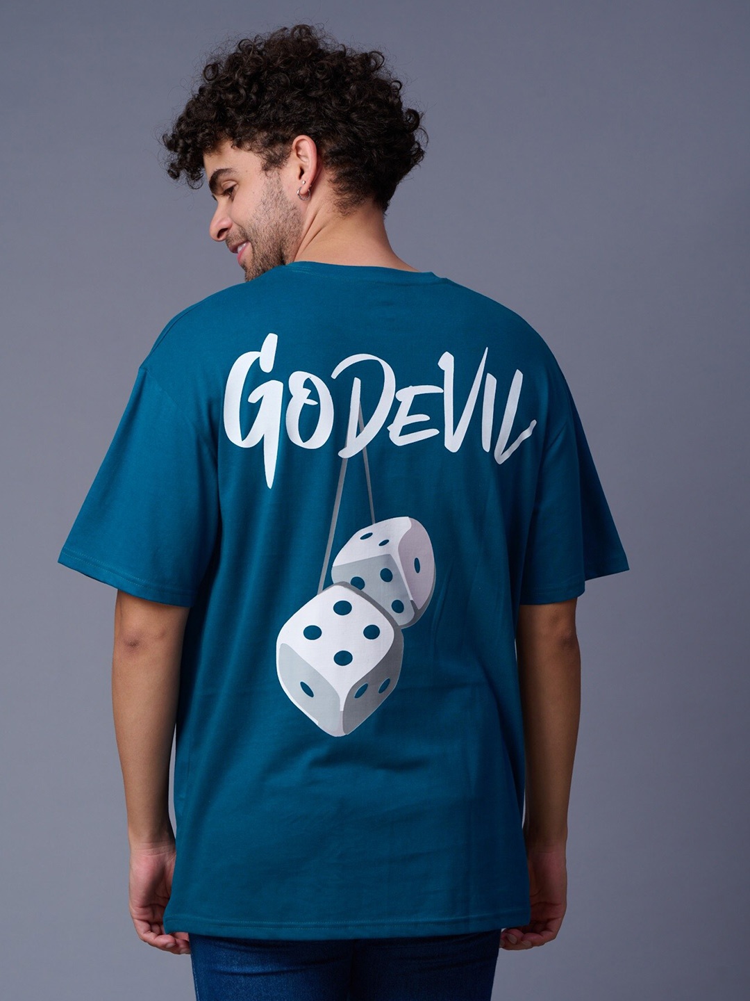 

GO DEVIL Typography Printed Drop-Shoulder Sleeves Cotton T-Shirt, Teal