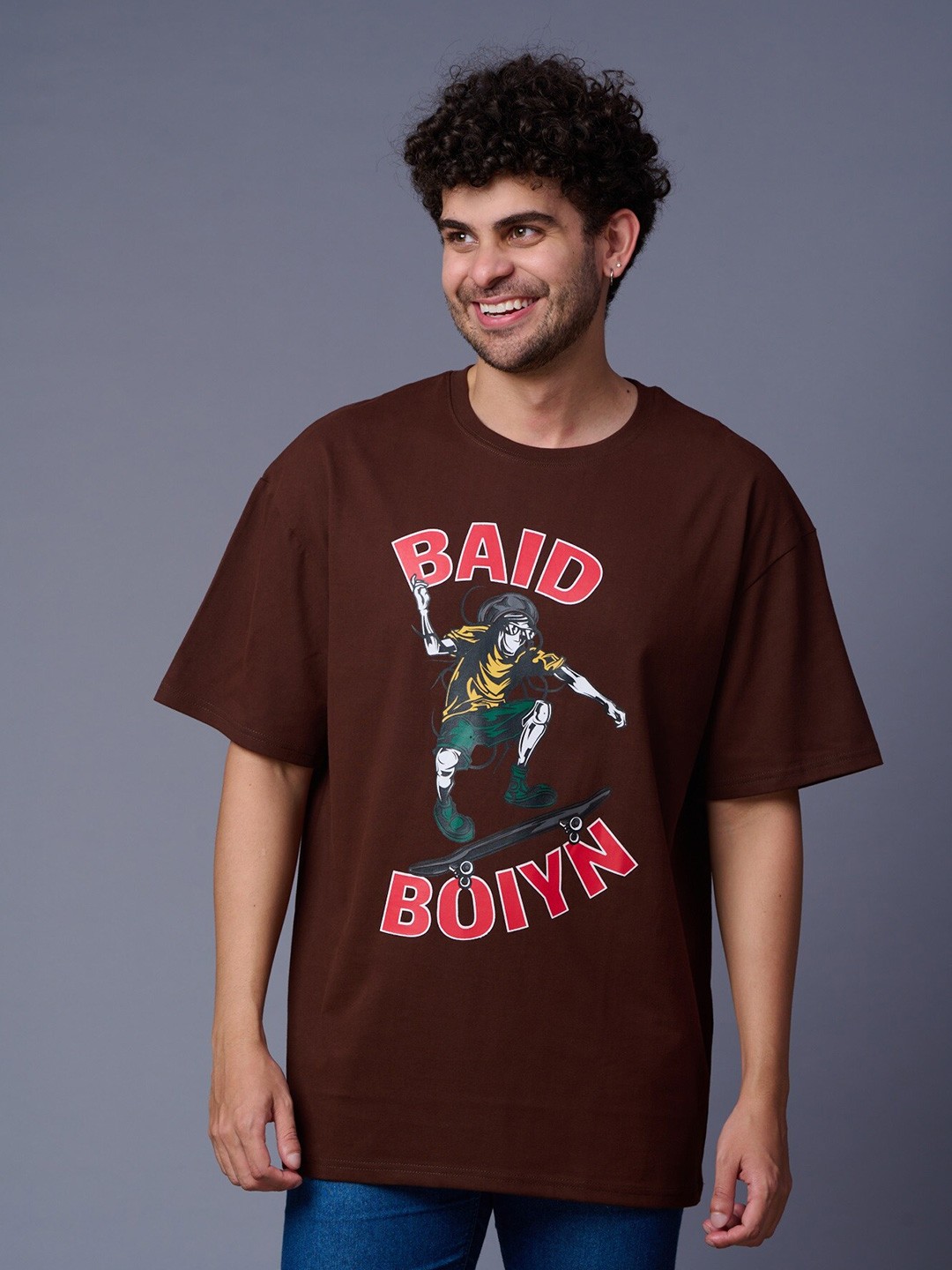 

GO DEVIL Graphic Printed Drop Shoulder Sleeves Cotton T-shirt, Coffee brown