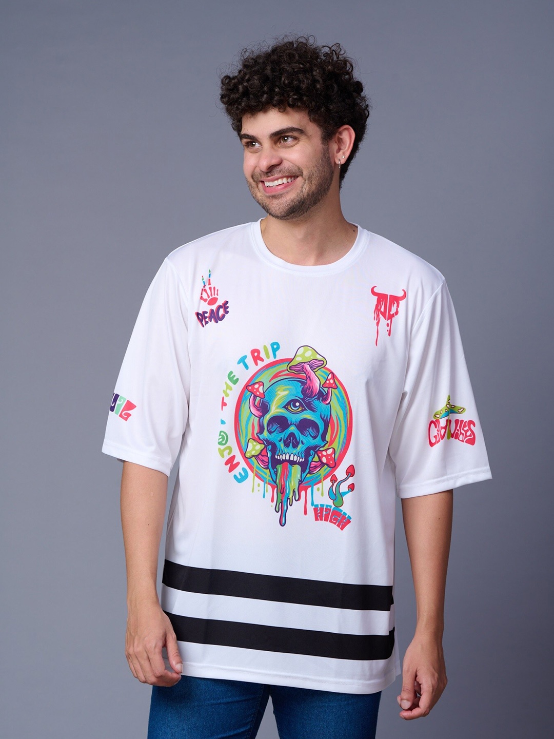 

GO DEVIL Graphic Printed Round Neck Drop-Shoulder Sleeves Cotton Regular T-shirt, White