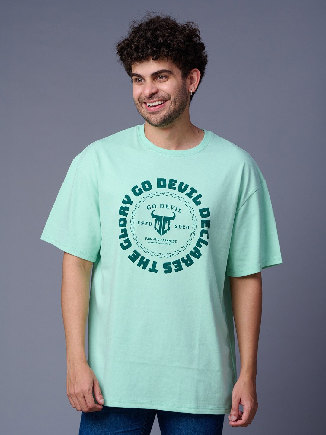 

GO DEVIL Typography Printed Drop-Shoulder Sleeves Cotton T-shirt, Sea green